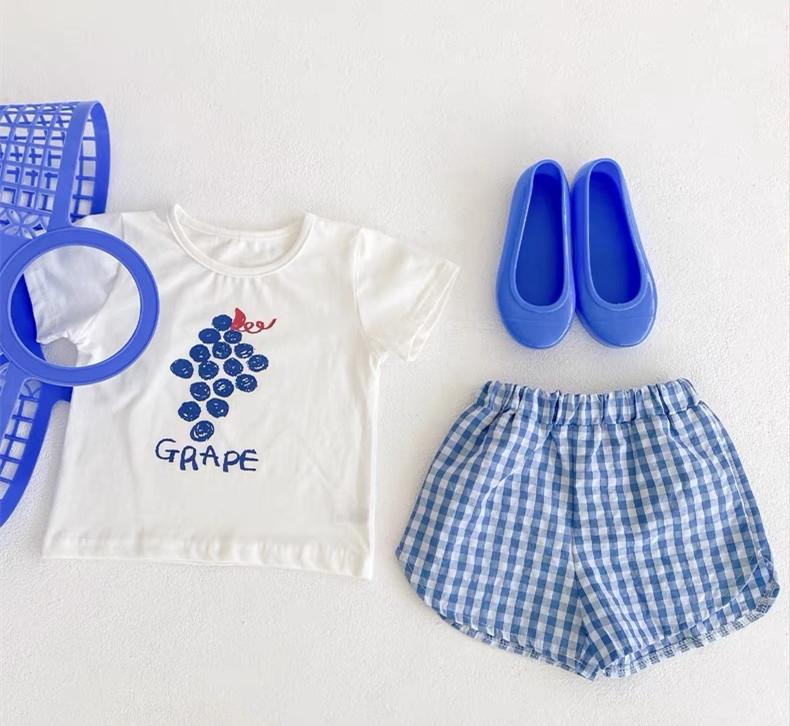 Mode 2-teiliges Baby Mädchen Kurzarm Anzug Frucht Print Sets Kinder T-Shirts + Shorts Karomuster Kleidung Kleinkind Prinzessin Mädchen Outfits