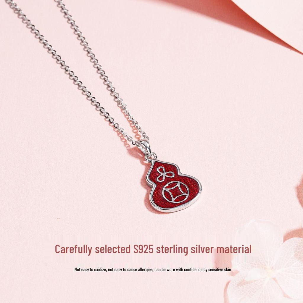 Tichiya Real Shot Gourd Necklace: Women's S925 Sterling Silver, Chinese Style, Light Luxury Enamel Fu Lu Clavicle Chain.