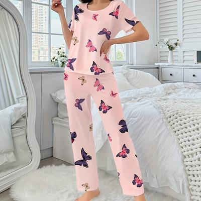 Conjuntos de Pijama para Mujer Mariposa Rosa Otoño Invierno Manga Corta Pantalón Largo Ropa de Dormir Casual Pijamas Acogedores Pijamas Lindos Dulces