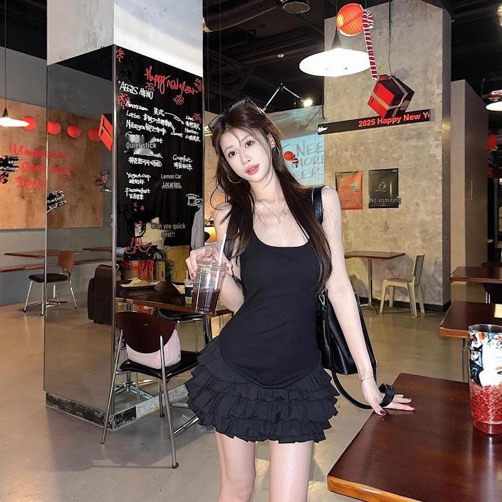 Women's Sweet White Spaghetti Strap Ballet-Style Dress with Unique Ruffle A-Line Skirt