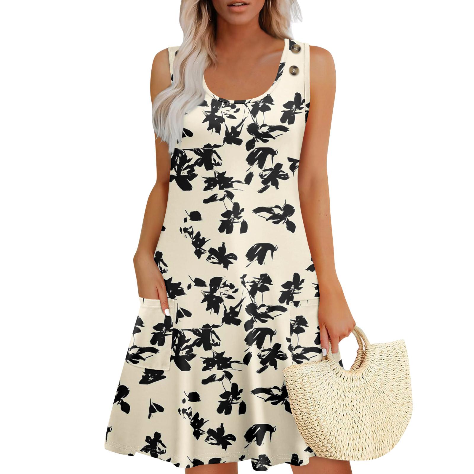 

Летние платья для женщин Пляжный Бохо Без рукавов Принт Струящиеся Карманы Футболки Сарафаны M бежевый