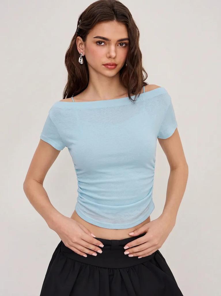 Pure desire wind one-word shoulder mesh short-sleeved top women's summer inner with suspenders, thin versatile short top Spice girl suit