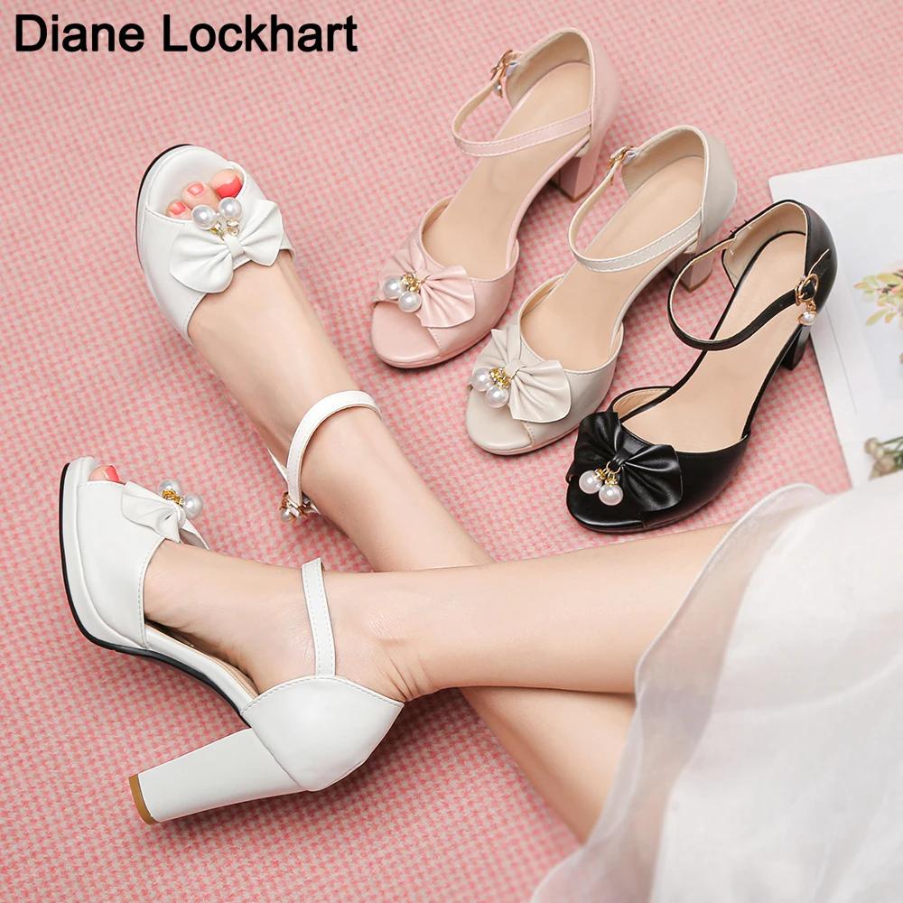 Fashion Summer Womens Bow Shoes Classic Pearl Pumps Fish Mouth High Heel Ladys Platform Sandals Evening Party Dress Wedding Shoes Femal