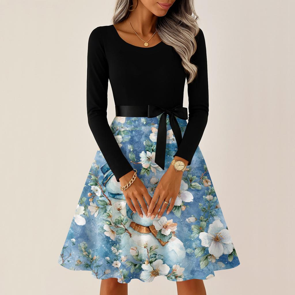 Women's Casual Fashion Round Neck Long Sleeve Christmas Printed Party Vintage Long Dresses