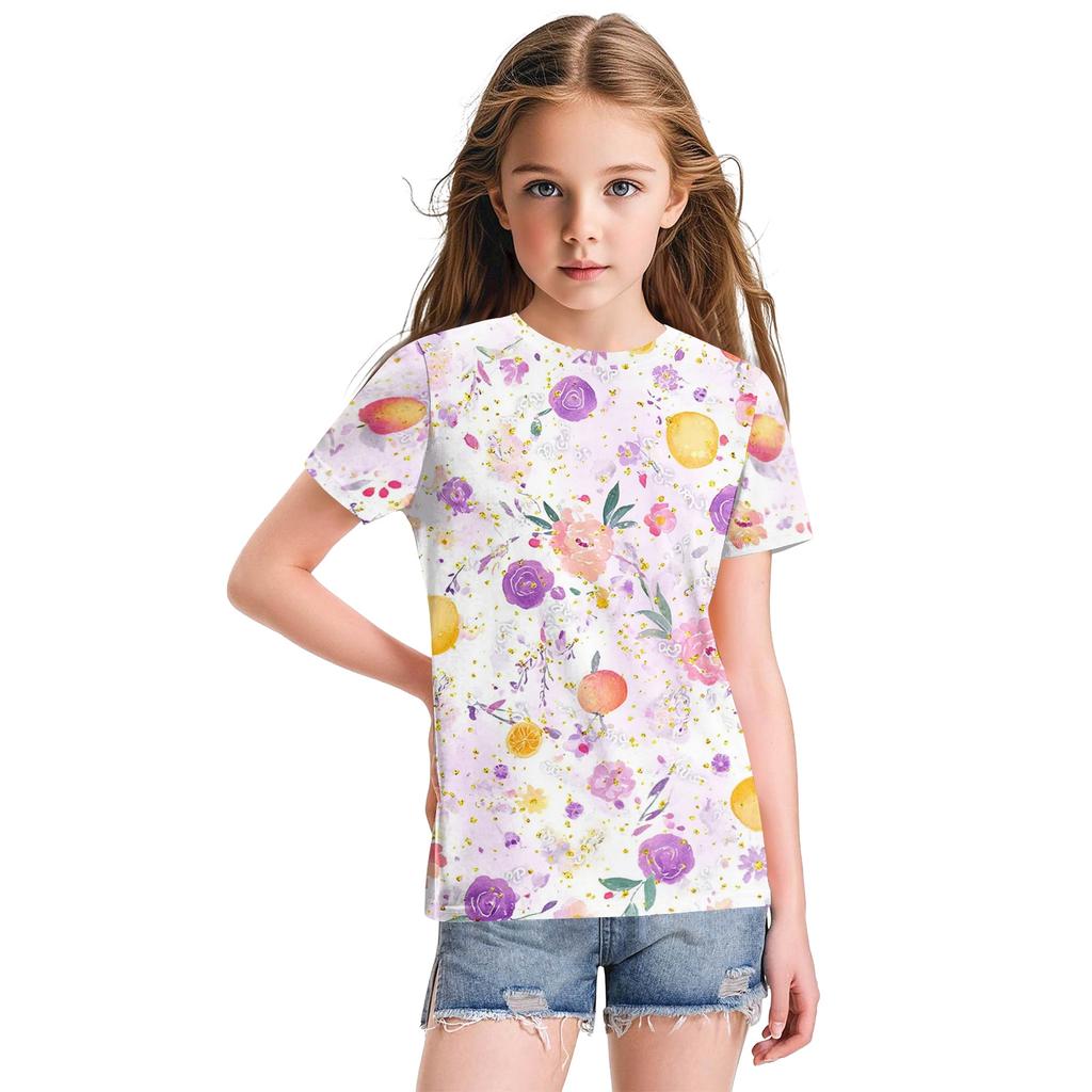 Cute Floral Print Loose Casual Fashion Round Neck Short-Sleeved Top For Children