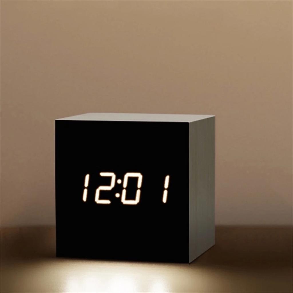 Digital LED Alarm Clock Square Wooden Retro Luminous Clock Desktop Decoration Voice Control Function Desktop Clock