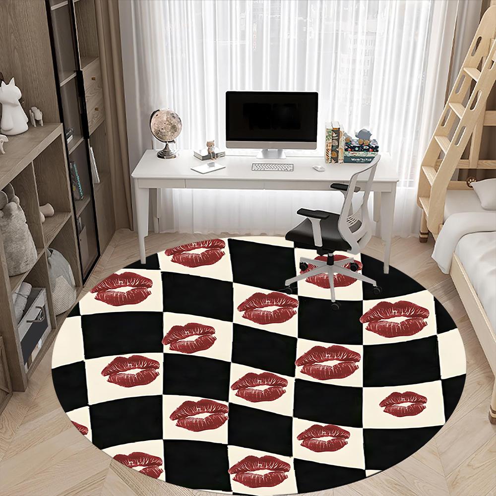 1pc Lips Chessboard Office Round Area Rug, Under Office Chairs Bedroom Living Room Home Decor, Room Deco, Available in Various Sizes