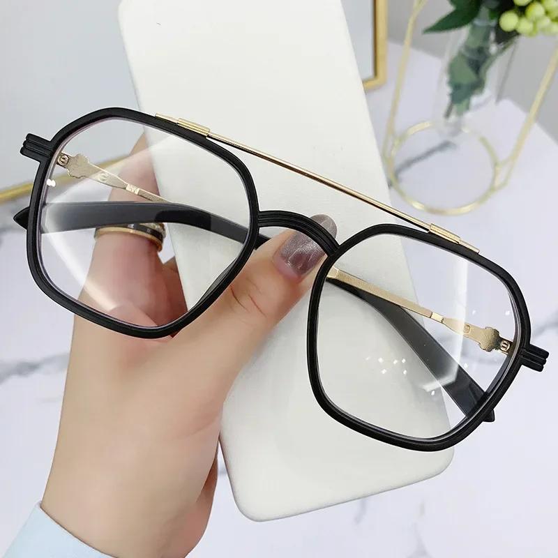 Women Trend Retro Plain Face Myopia Eyewear Fashion Double Beam Metal Glasses Men Blue Light Blocking Eye Protection Eyeglasses