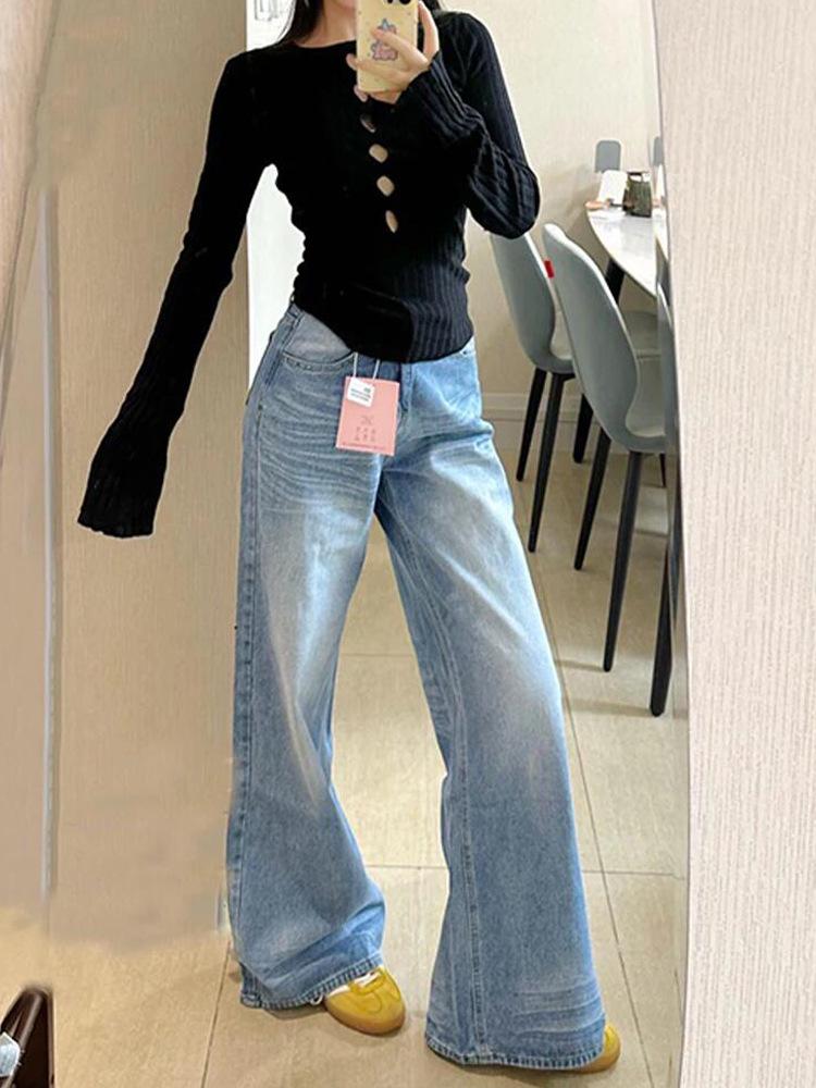 

Trendy 2025 Plus Size Loose Wide Leg Women s Jeans: Summer Commute Style, Washed Scratch Design. 4XL средний синий