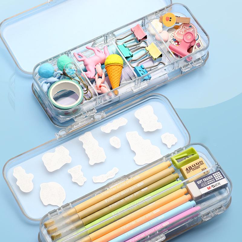 Kawaii Transparent Pencil Case Double Layer Multifunction Kids Pen Stationery Box Office School Large Capacity Storage Organizer