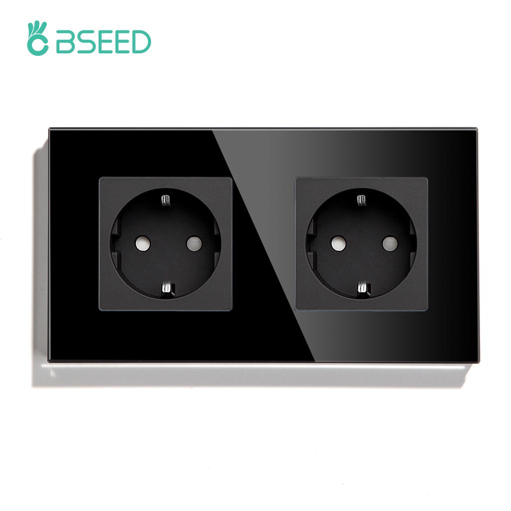 BSEED EU Standard 1/2/3Gang 2Way Wall Touch Switch Light Sensor Switches Wall Socket USB Type-C Crystal Glass Panel 240V Black
