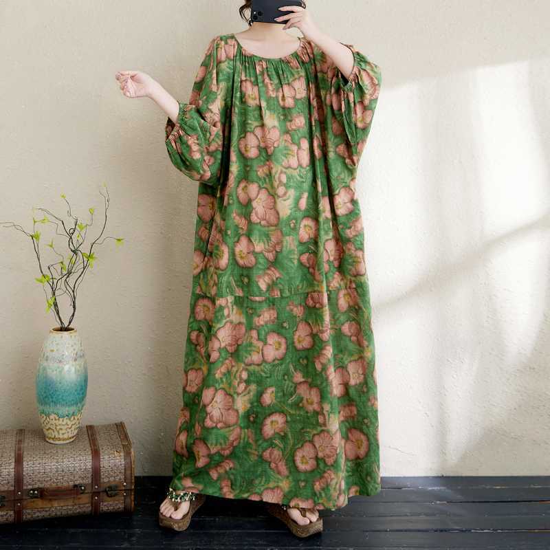 

Художественная хлопково-льняная принтованная длинная юбка, свободная юбка-халат One size