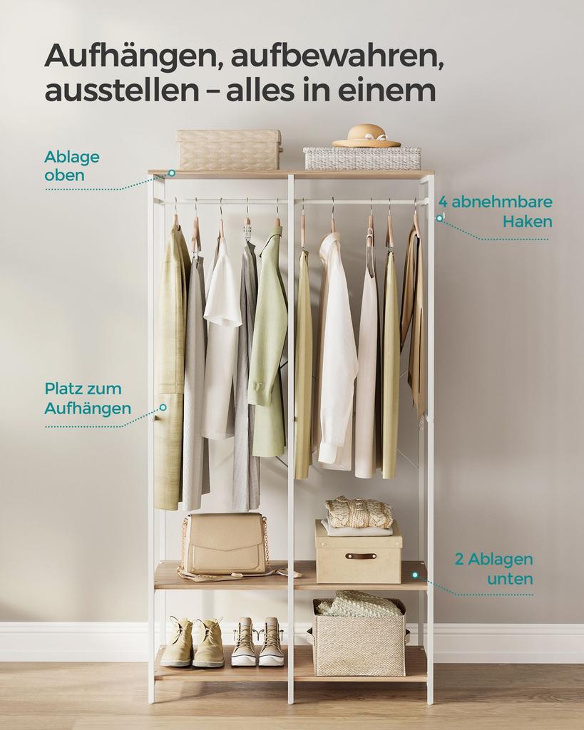 SONGMICS Portable Clothes Wardrobe, Foldable Closet, Clothes Rack Freestanding, Closet Organiser, with Hanging Rods, Storage Shelves, Removable Hooks