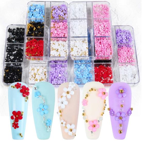1 Box 3D Flower Nail Art Charm 6 Grids Resin Floral Charms Golden Beads DIY Nail Design Jewelry Crafts Manicure Decoration Accessories