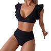 Women's High Waist Ruffled Triangle Bikini Set - Solid Color Swimsuit