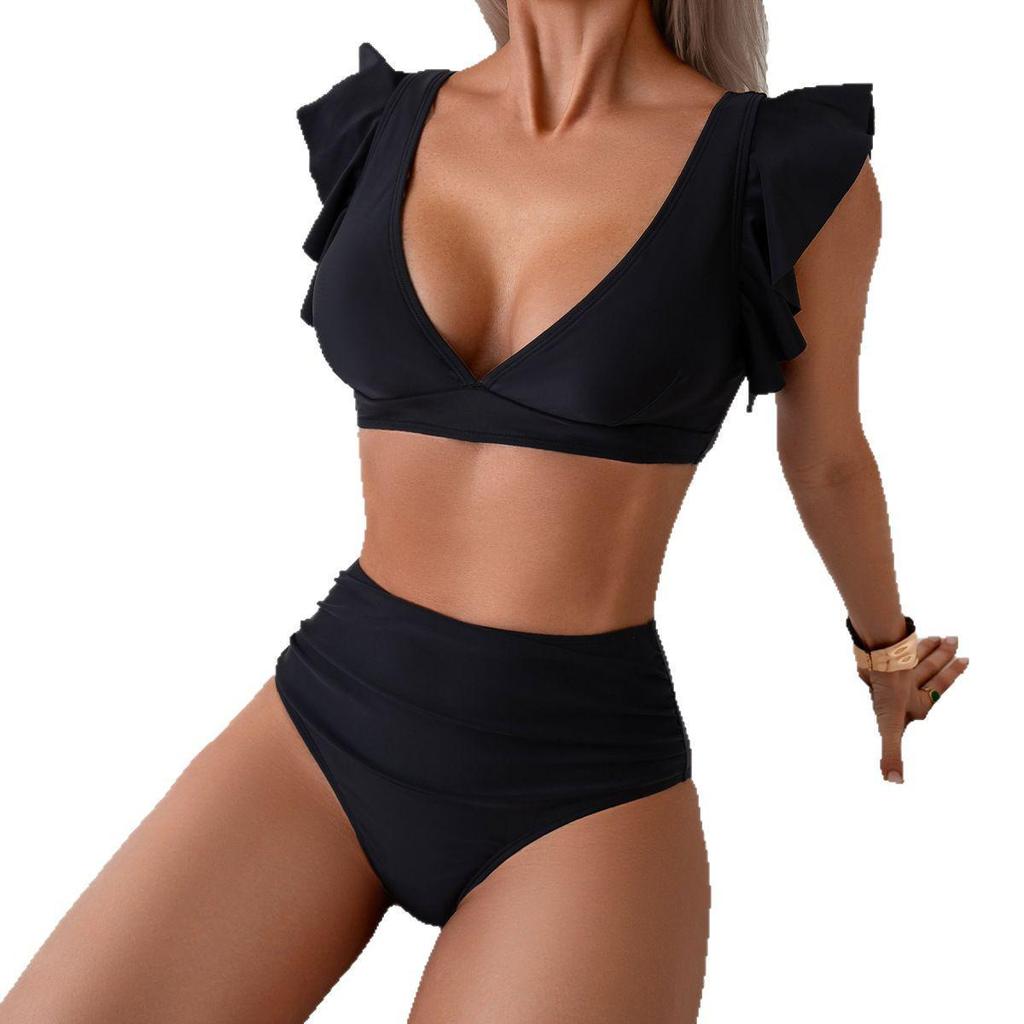 Women's High Waist Ruffled Triangle Bikini Set - Solid Color Swimsuit