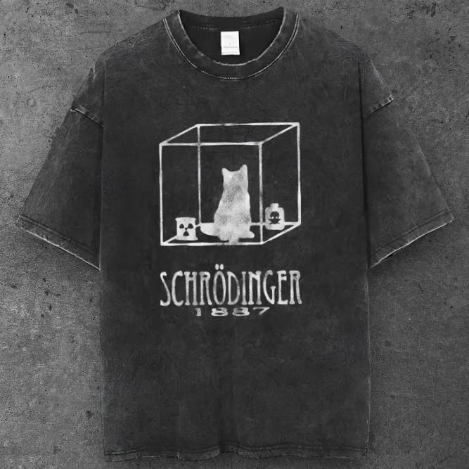 Unisex Schrodingers Cat Oversized T Shirt Washed Black Grunge Streetwear S-2XL S