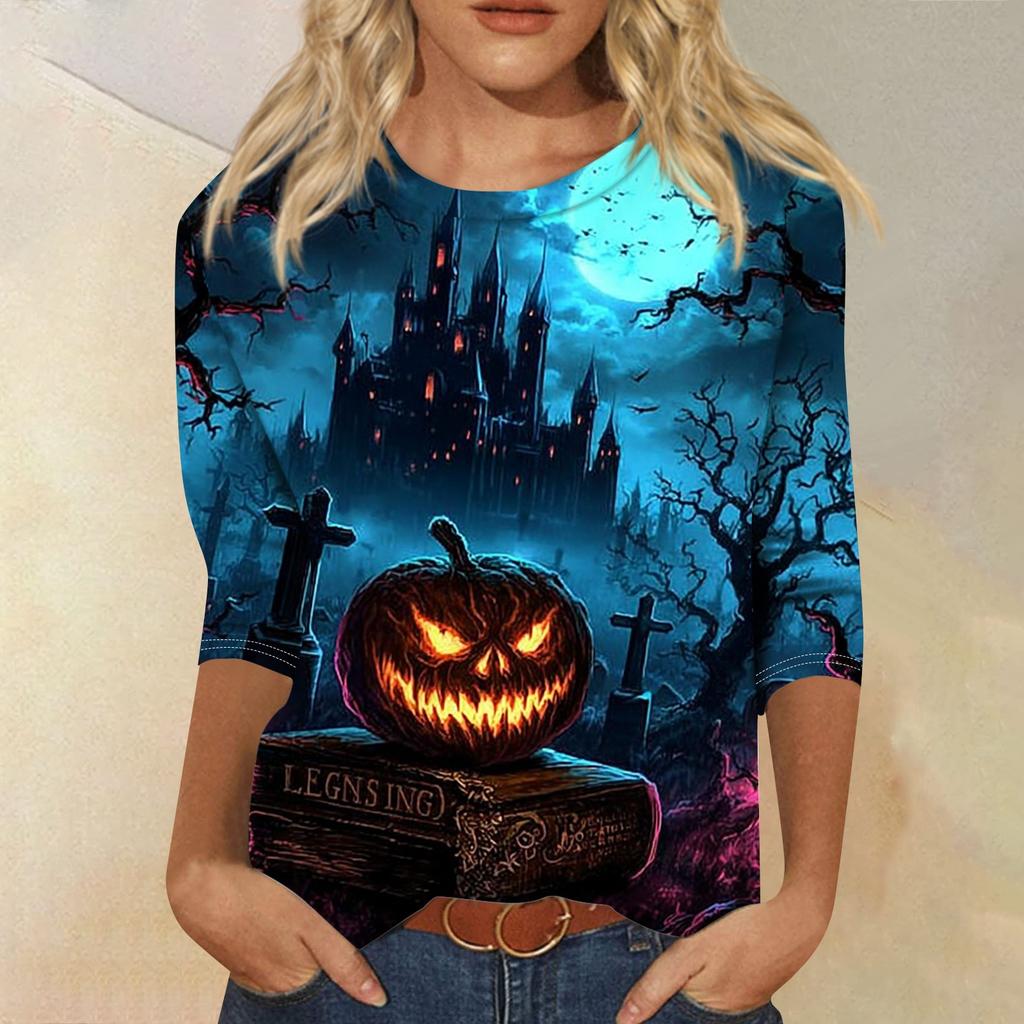 Women's Fashion Casual Round Neck Three-quarter Sleeve Halloween Printed T-shirt Top