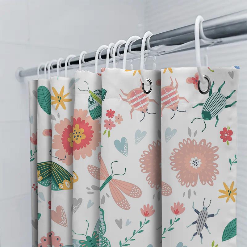 Colorful Garden Shower Curtain Bathroom Decor Featuring Butterflies Bugs Waterproof Fabric Hooks Included (White)