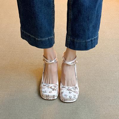 New Thick-soled Thick-heeled High-heeled Single Shoes with Light-mouth Bow Women's Niche Ballet Mary Jane Shoes