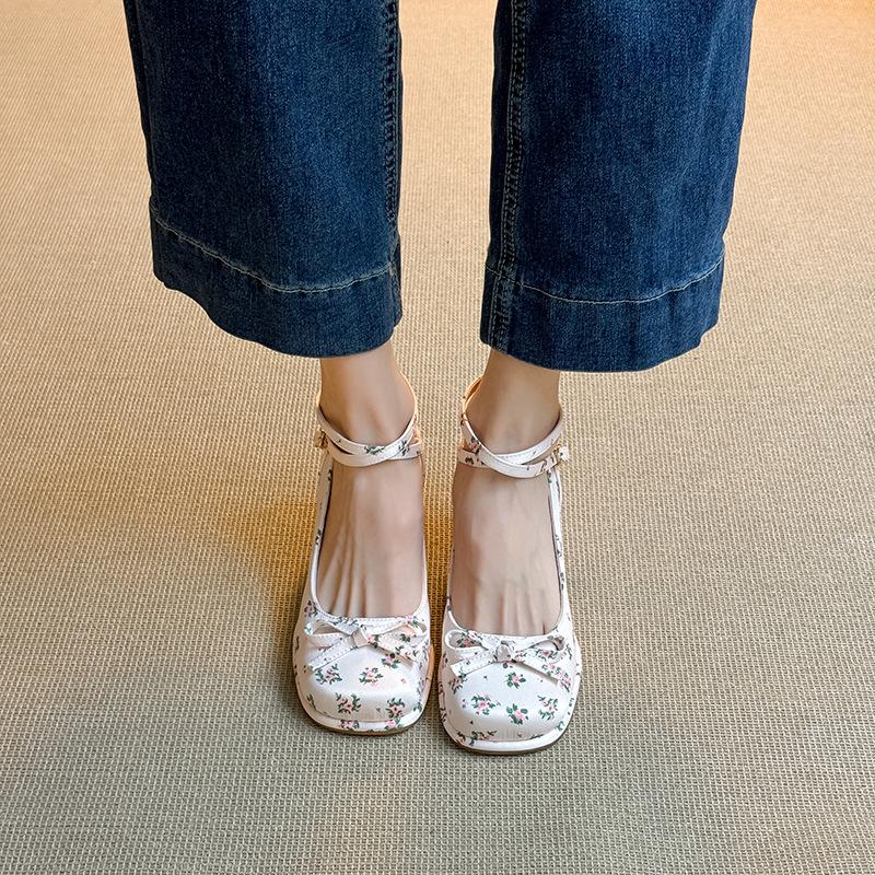 New Thick-soled Thick-heeled High-heeled Single Shoes with Light-mouth Bow Women's Niche Ballet Mary Jane Shoes