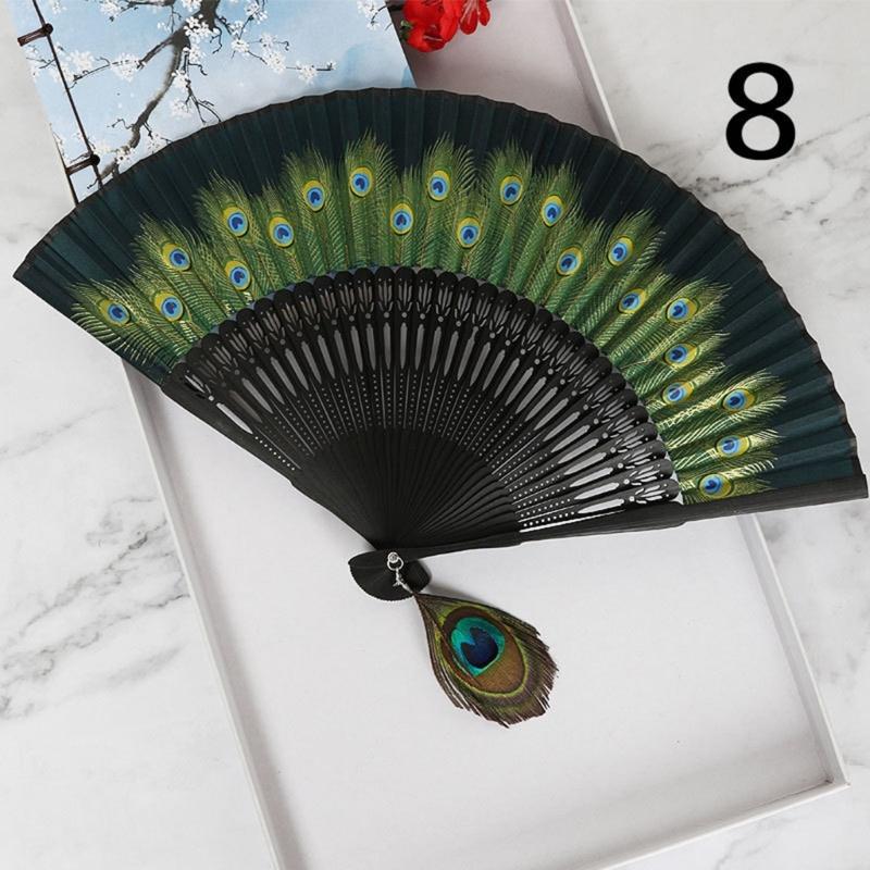 Vintage Feathered Pattern Handheld Fan Wood Folding Fan Vintage Folding Hand Fan for Women Weddings and Dance Parties