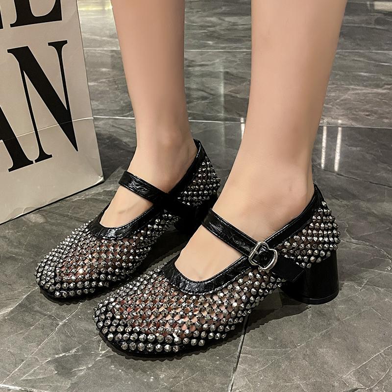 

Модные Роскошные Хрустальные Туфли-балетки из сетки с блестками, Женский Дизайнерский Бренд, Заклепки, Сетка, Мэри Джейн, Летние Лоферы для Дам, Большой Размер 42 35 чёрный