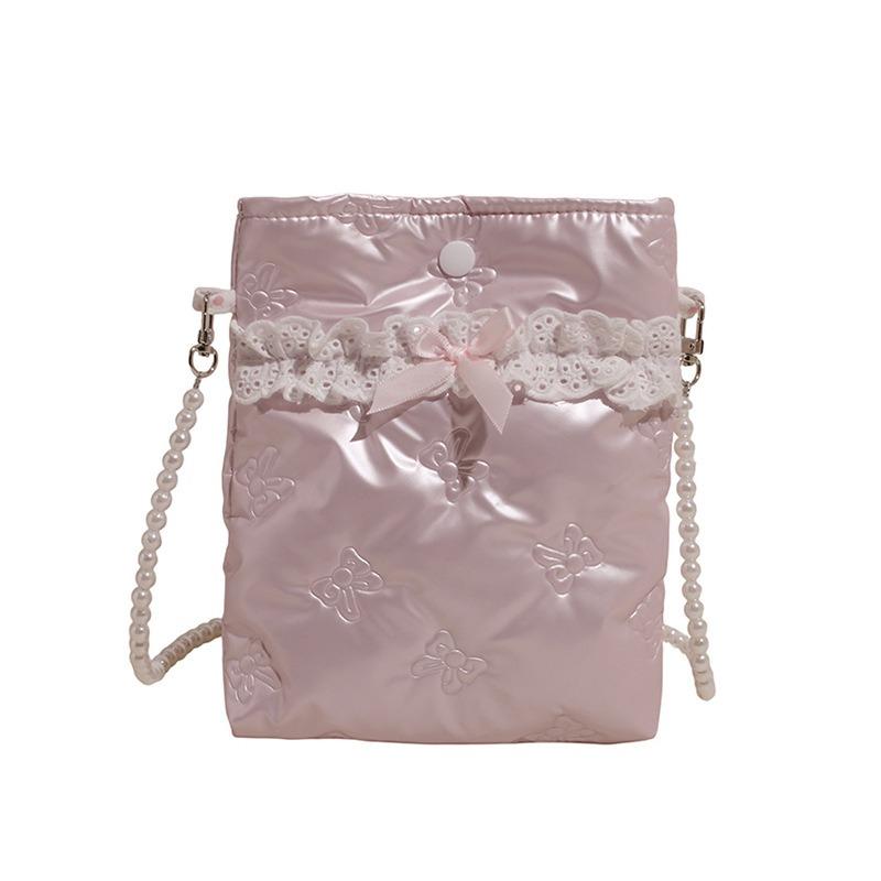 Nieuwe schoudertas met strik, crossbody tas, mobiele telefoon tas, parelketting, draagbare make-uptas, opbergtas, kleine vierkante tas.