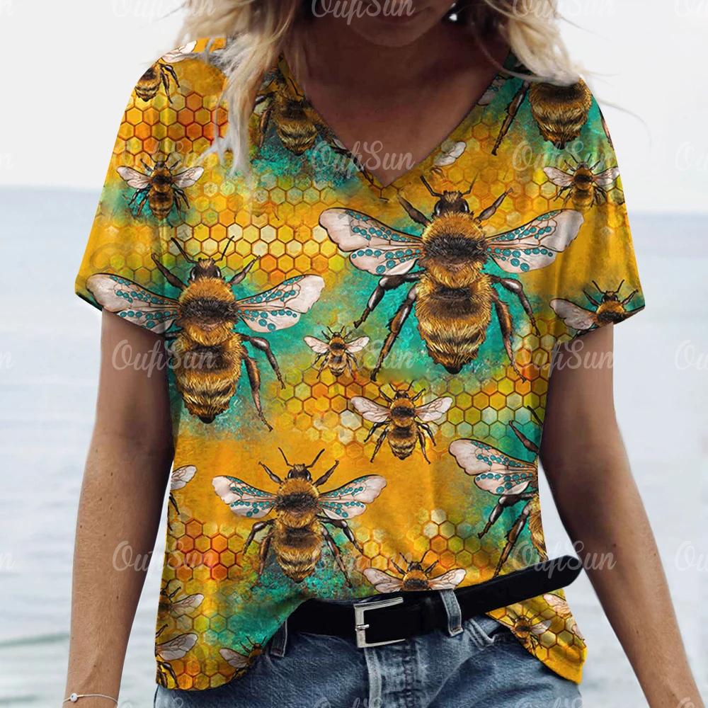 Women's Retro Bee Print T-Shirt Nature Landscape V-Neck Top Short Sleeve Sweater Loose Daily Casual Design Clothing