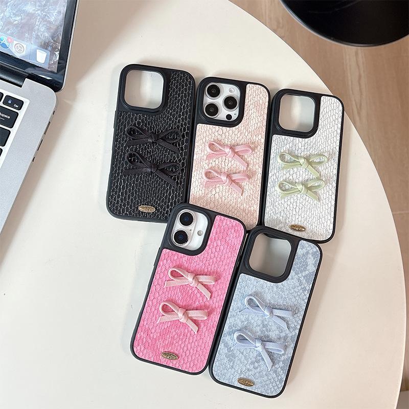 Solid Color Snakeskin Pattern Mobile Phone Case for IPhone17pro Three-dimensional Bow for Apple 16plus Simple and Light Luxury