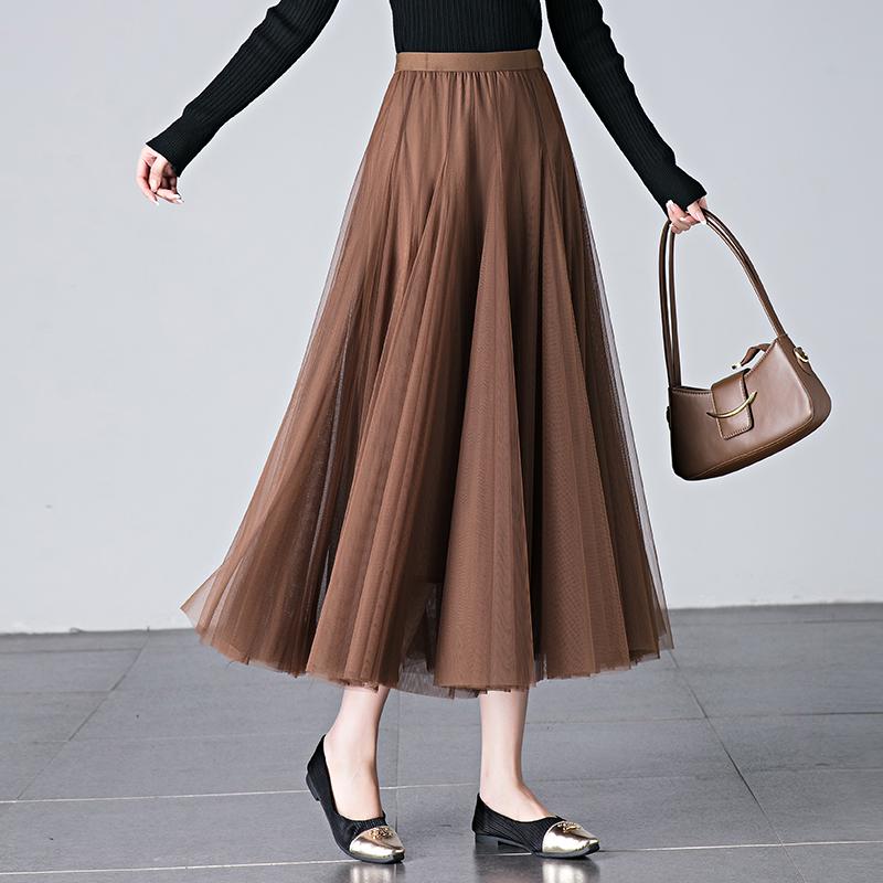 Brand Discount Women's High Waist Pleated Silk Midi Skirt with Puffy Mesh Overlay