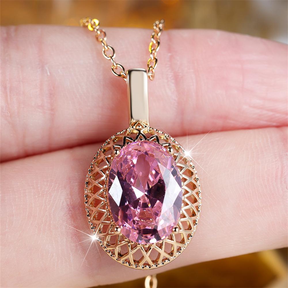 Big Oval Stone Pendant Elegant Pink Crystal Zircon Necklaces for Women Vintage Gold Color Chain Necklace Wedding Jewelry Gifts