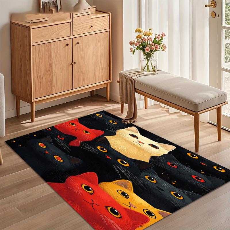Non-Slip Whimsical Cat Area Rug with Red, Yellow, and Black Cat Faces on Black Background for Nursery Bedroom Living Room Decor