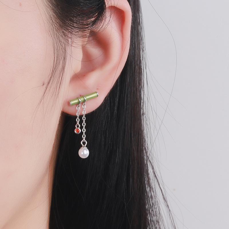 Retro Chinese Style Niche Asymmetrical Drip Glaze Bamboo Earrings Women's Small Fresh and Beautiful Fringed Earrings