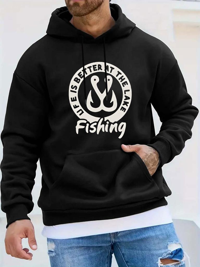 Fishing-Themed Fish Hook Simple English Slogan Streetwear Brand Print Casual Sport Outdoor unisex Hoodie Long-Sleeve Sweatshirt unisex Top Autumn/Wint