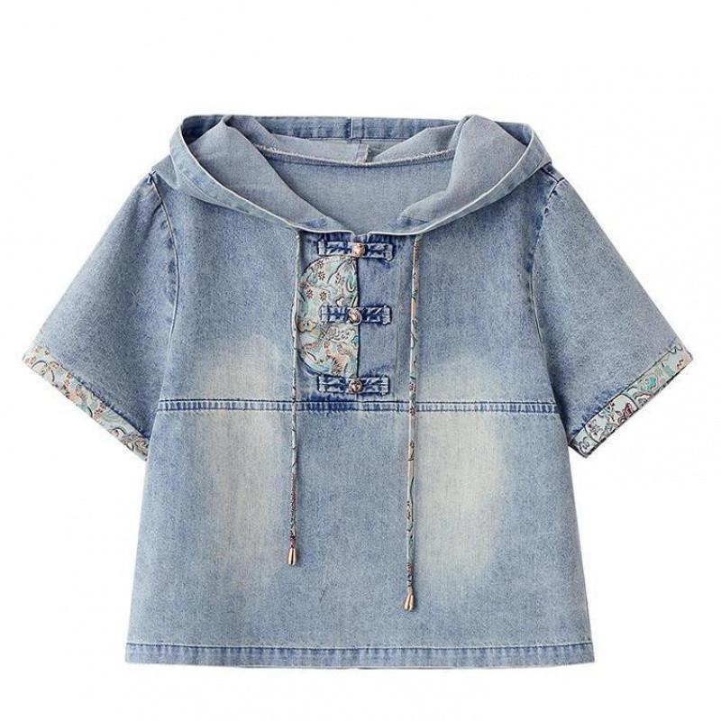 

Женский летний ретро-вышитый джинсовый костюм с юбкой и капюшоном XXXL