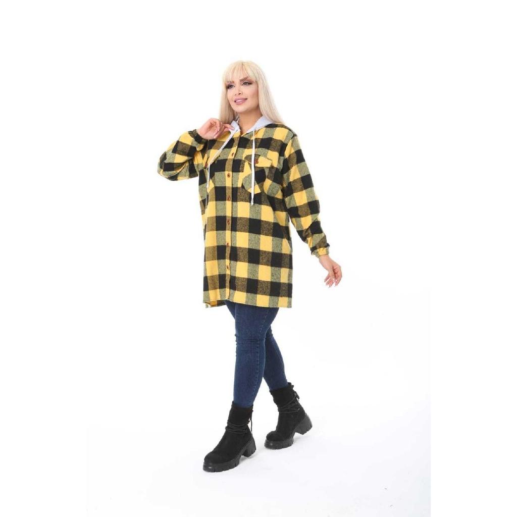 Large Size Cotton Lycra Hooded Shirt With Elastic Sleeves Buttons And Pockets Loose Cut Long Plaid Lumberjack Shirt