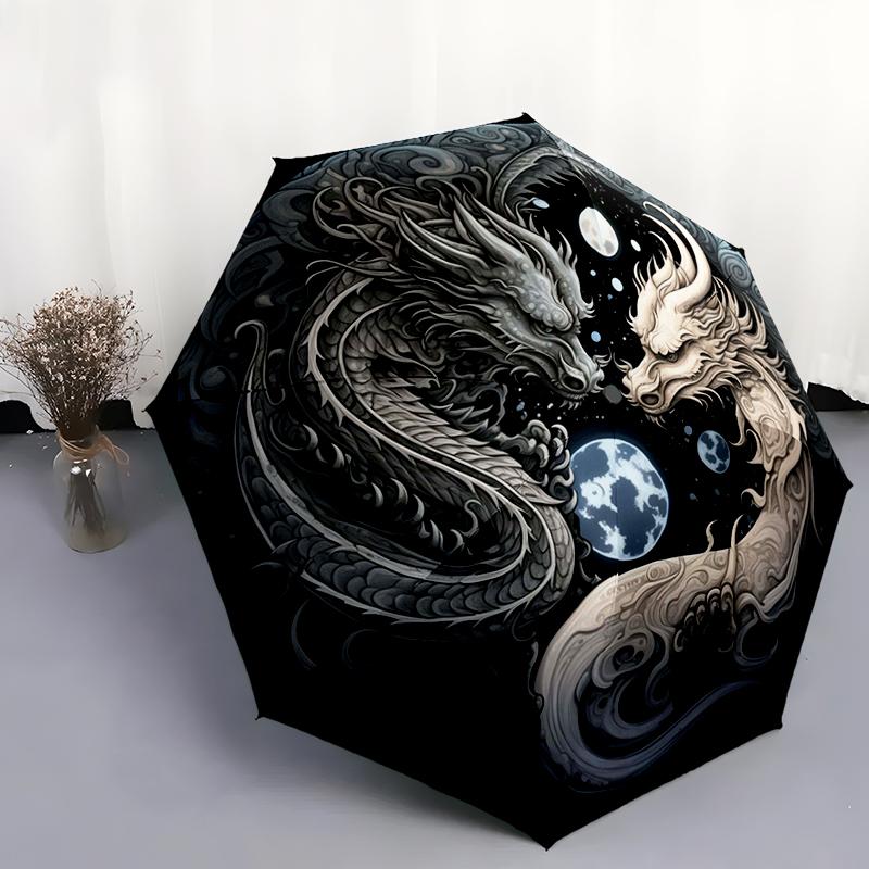 1pc Dragon, dinosaur pattern Umbrella Portable Folding Umbrella Iron Frame Hole Bone Structure Outdoor Home Umbrella