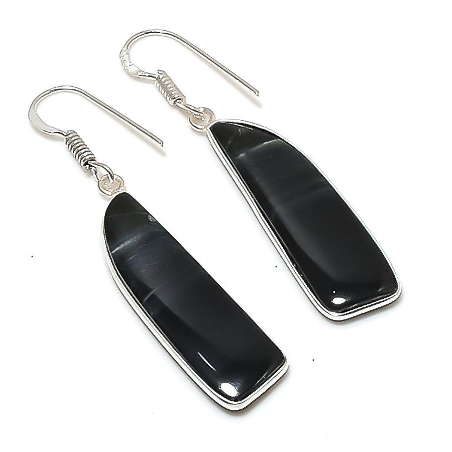 Natural Black Tiger Eye Gemstone Handmade 925 Sterling Silver Earring 2.05  AE-11575