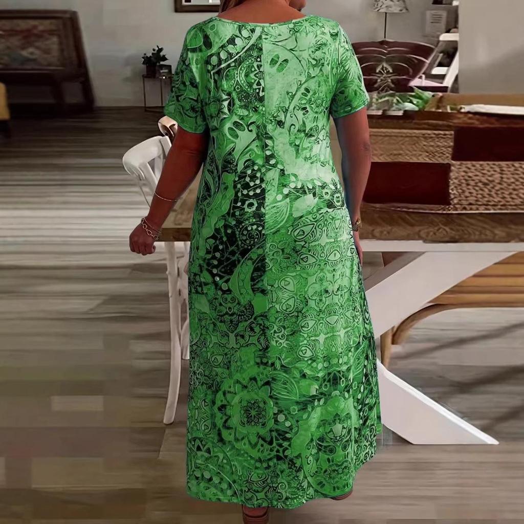 European-American Fashion Casual Vacation V-Neck Printed Long Dress with Short Sleeves