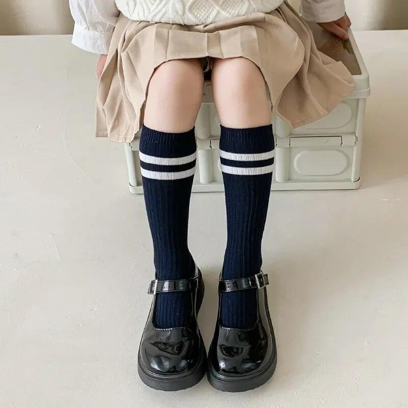 1 Pair Fashion School Sock for Kids Boy Girl Simplicity Solid Color Striped Calf Sock for ChildrenSpring Autumn Soft Cotton Sock