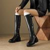 Herbst- und Winter Damen Leder Ritterstiefel einfarbig Reißverschluss hinten hoher Absatz große Größe Damenstiefel vielseitig quadratischer Absatz Rindsleder hohe Stiefel
