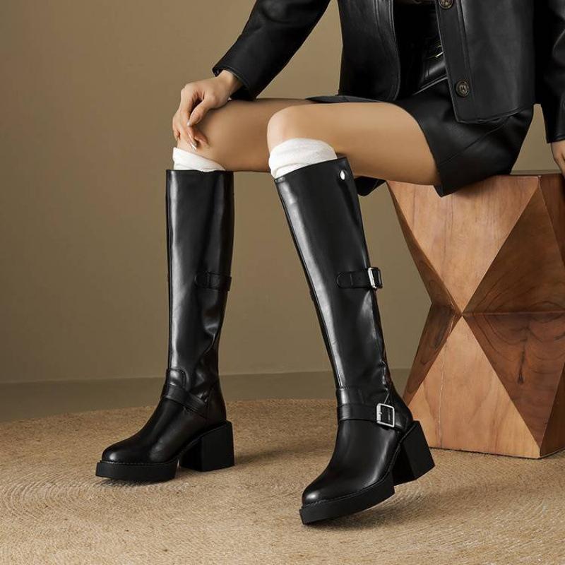 Herbst- und Winter Damen Leder Ritterstiefel einfarbig Reißverschluss hinten hoher Absatz große Größe Damenstiefel vielseitig quadratischer Absatz Rindsleder hohe Stiefel
