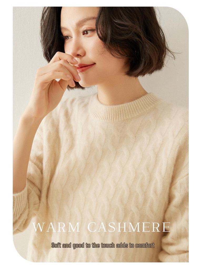 Women's Slim Fit Retro Cable Knit Cashmere Sweater - Round Neck Pullover, Base Layer for Autumn/Winter.