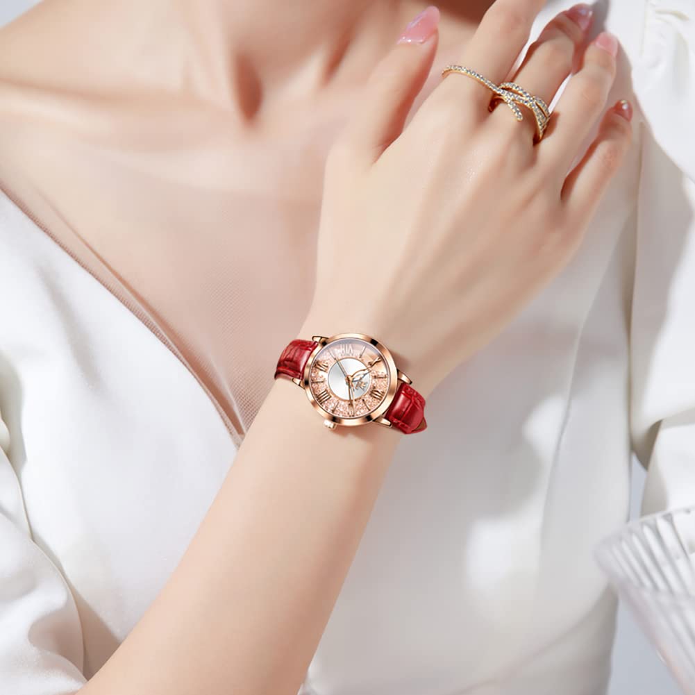 OLEVS Popular Quartz Watch with Rose Gold Diamond and Quicksand Sparkling Waterproof and Perfect Gift for Leather Red Women's Dial, Luminous, Mother's
