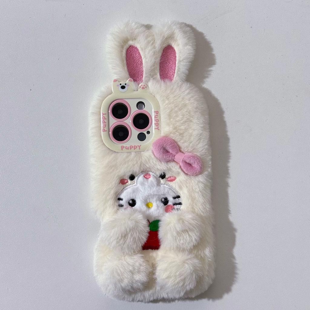 Cartoon Cute 3D Bow Plush Bunny Kawaii Phone Accessories for iPhone 16 Pro Max