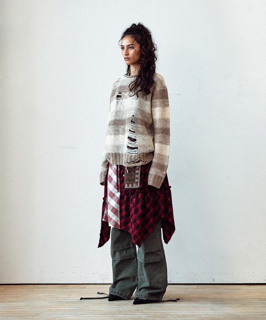 THEVINYLHOUSE Grunge Stripe Sweater Brown