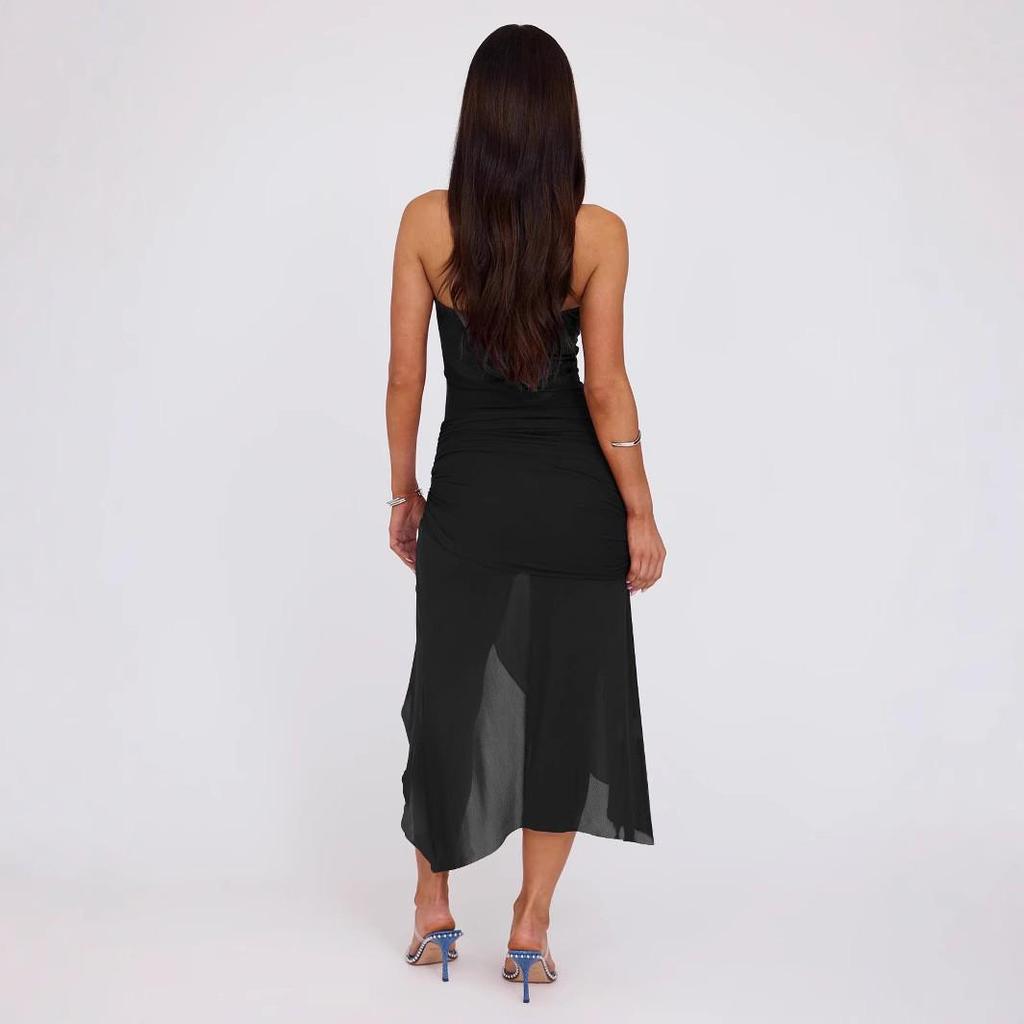 2024 Women's European & American Style Summer Backless Mesh Spliced Slim Irregular Bandeau Dress