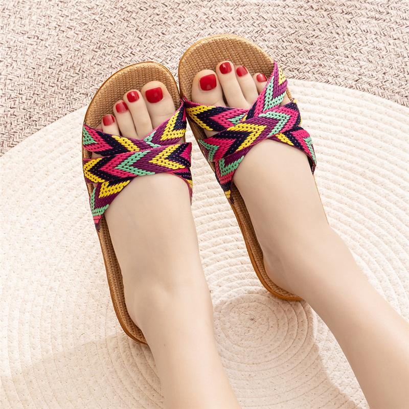 

Летние льняные тапочки женские домашние комнатные нескользящие с мягкой подошвой для пляжного отдыха хлопковые и льняные сандалии и тапочки 42-43