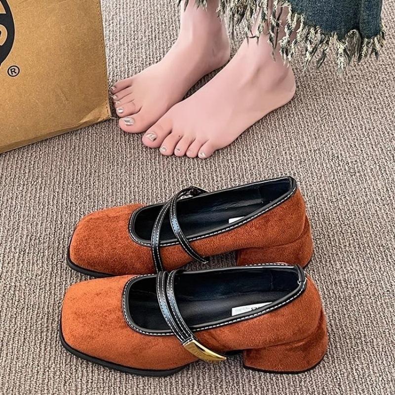 2025 spring new retro square head shallow mouth Mary Jane shoes versatile niche word with thick heel single shoes high heels